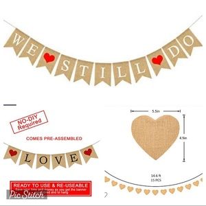 3 Burlap Party Banners  1 Wooden Heart Banner clips on back Wedding Decorations